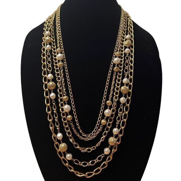 Gold-Tone Faux Pearl Bead Multi Chain Statement Necklace 34.5 in 5 Strand - Picture 5 of 16